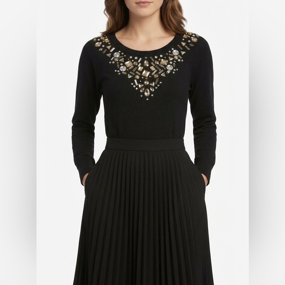 Lord & Taylor Black Jeweled Scoop Neck Top Cotton Modal Blend Large